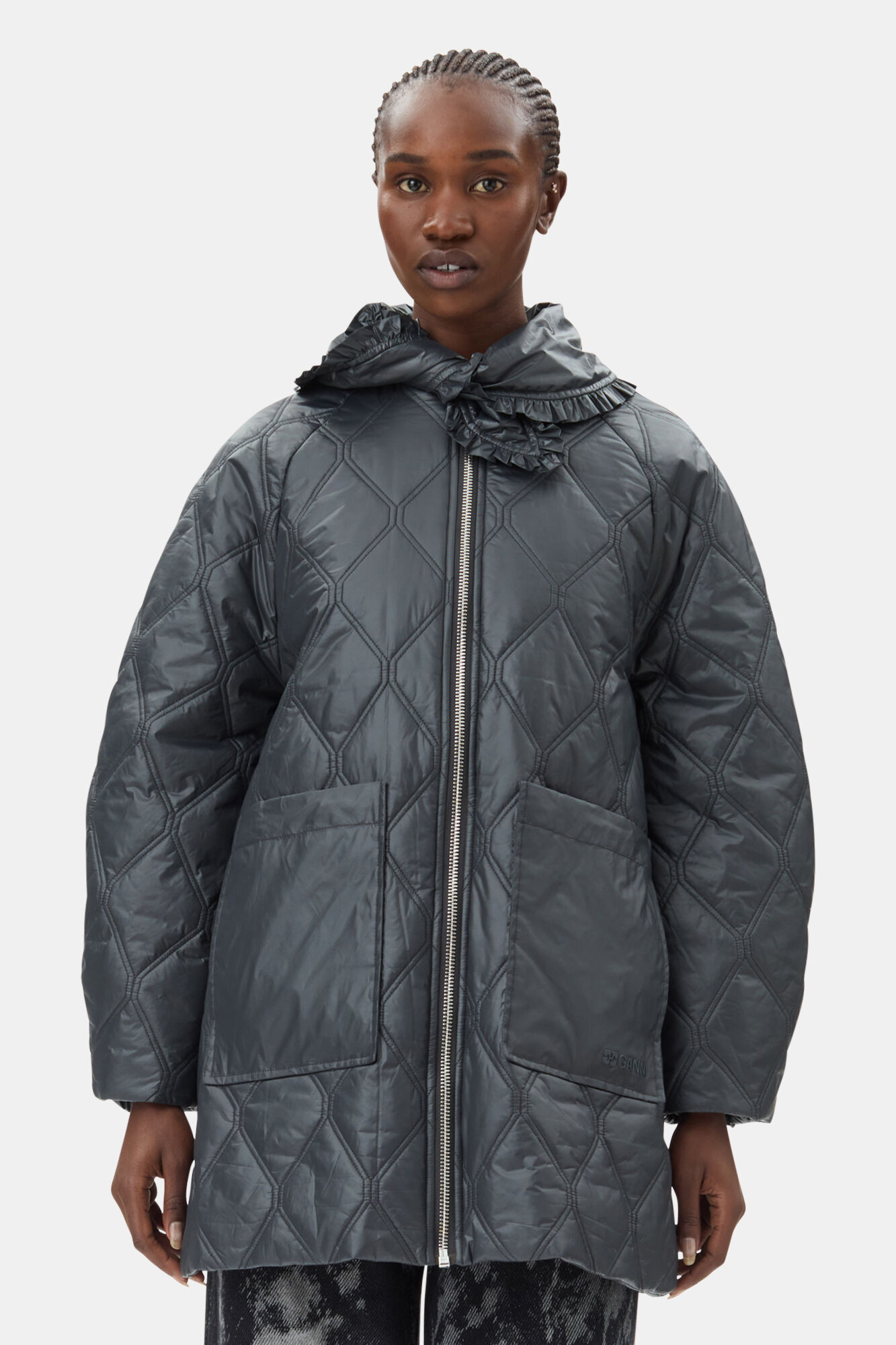Black Shiny Quilt Midi Jacket, Nylon, in colour Black Sand - 1 - GANNI