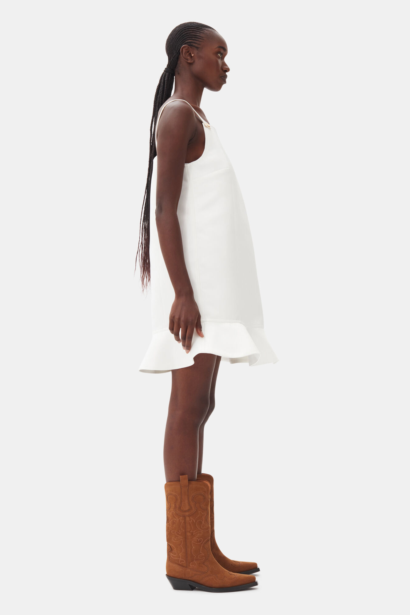 White Duchesse Satin Mini Dress, Recycled Polyester, in colour Egret - 3 - GANNI