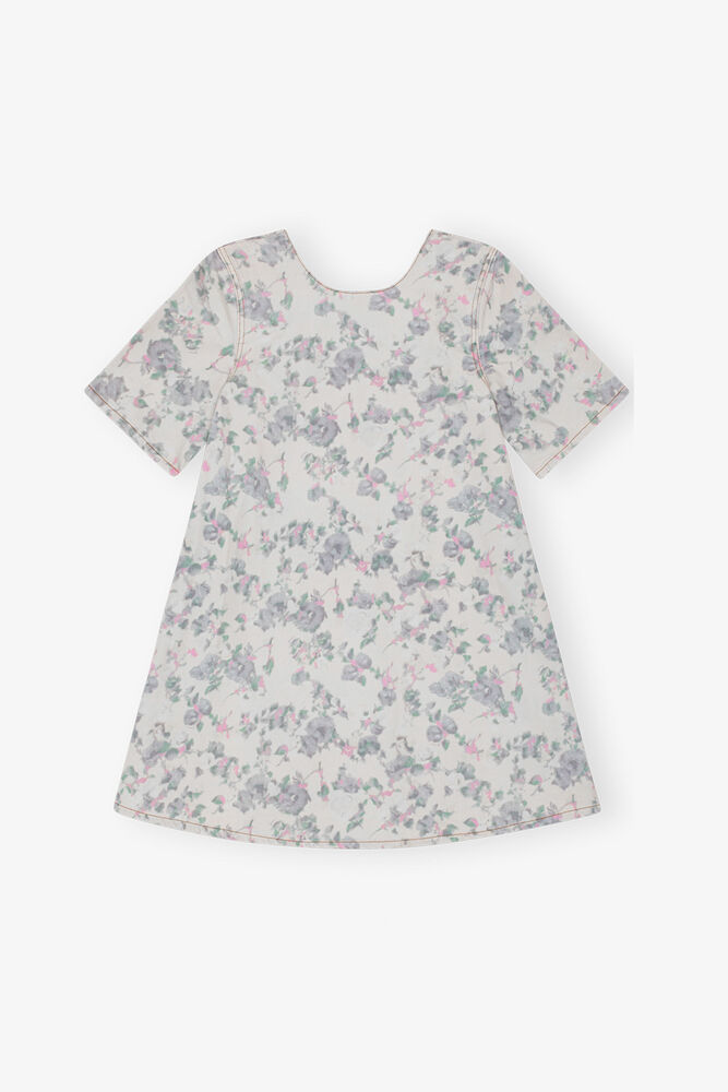 Floral Printed Denim Open Back Mini Dress, Tofu