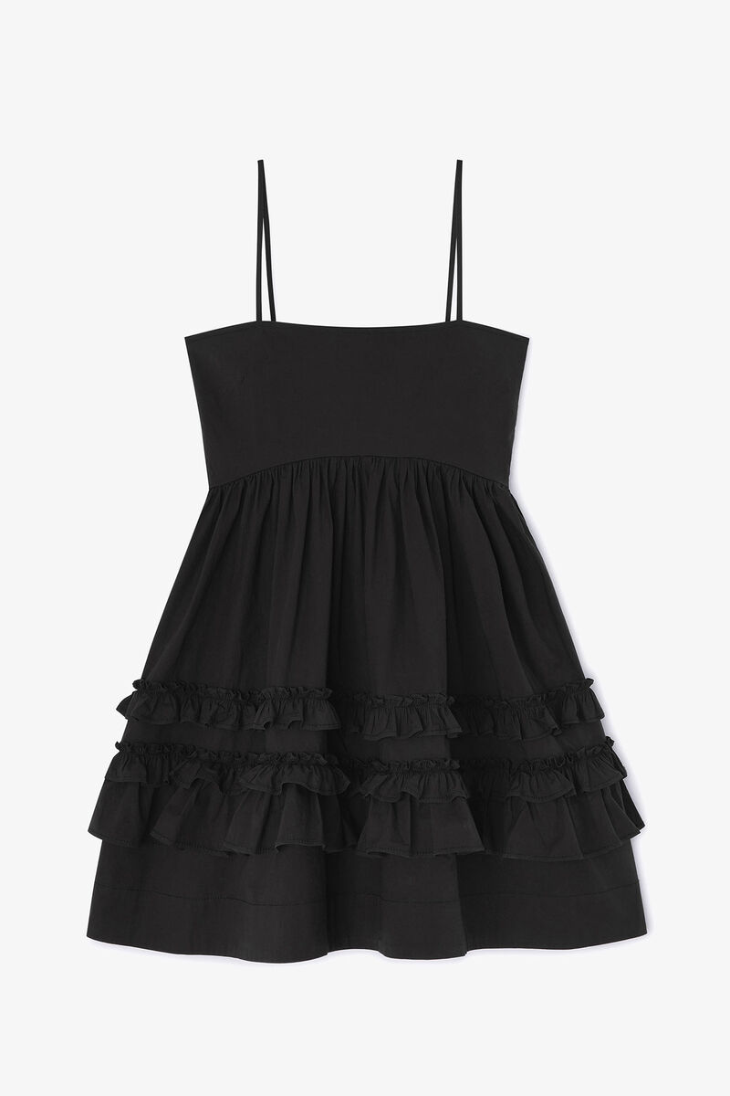 Black Mini Frill Dress, Organic Cotton, in colour Black - 1 - GANNI