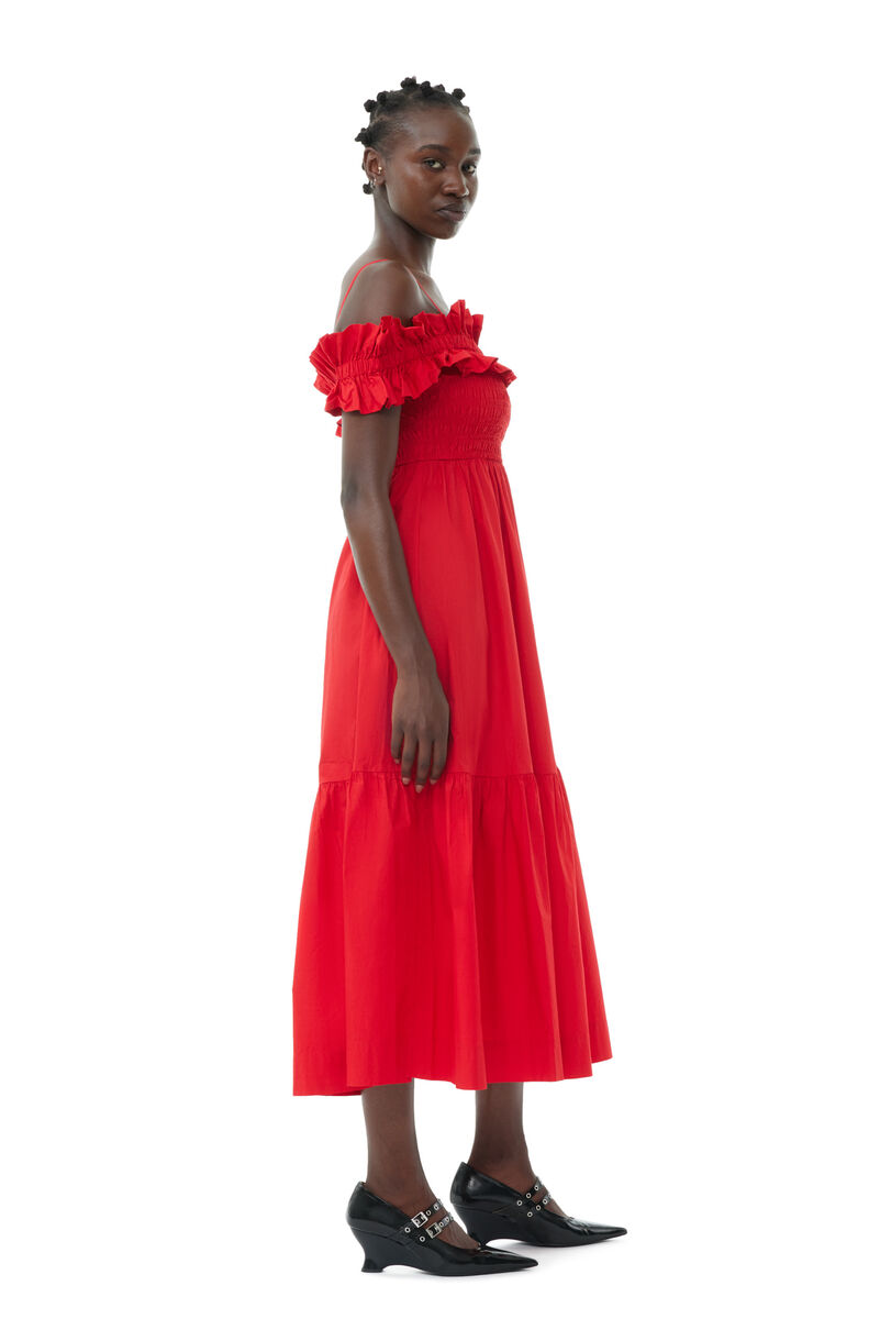 Red Cotton Poplin Long Smock klänning, Cotton, in colour Racing Red - 3 - GANNI