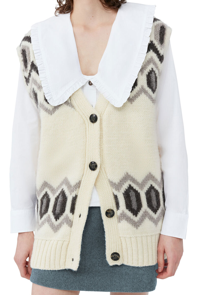 White Oversized Chunky Wool Vest, Organic Wool, in colour Egret - 4 - GANNI