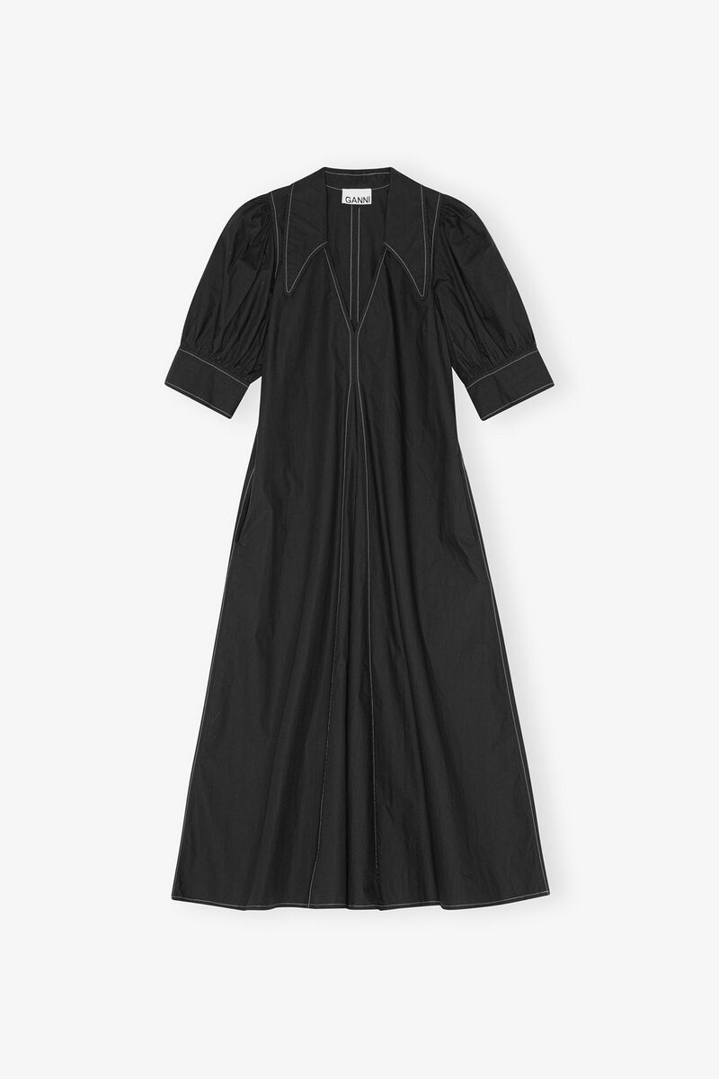 Cotton Poplin V-Neck Midi Dress, Cotton, in colour Black - 1 - GANNI