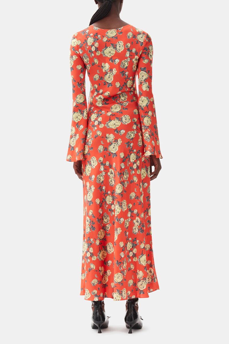 Orange Floral Printed Satin Maxi Dress, Viscose, in colour Poinciana - 4 - GANNI