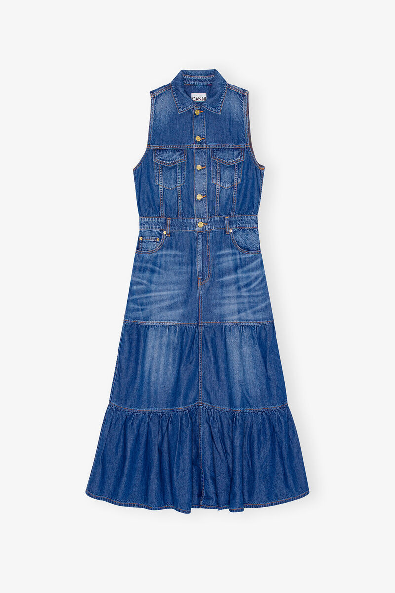 Blue Denim Long Dress, Organic Cotton, in colour Mid Blue Vintage - 1 - GANNI