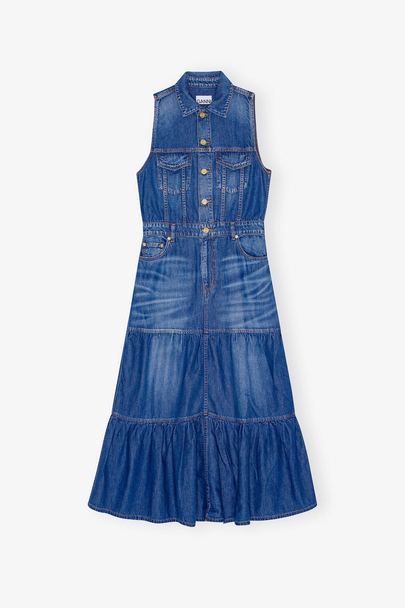 Blue Denim Long Dress, Organic Cotton, in colour Mid Blue Vintage - 1 - GANNI