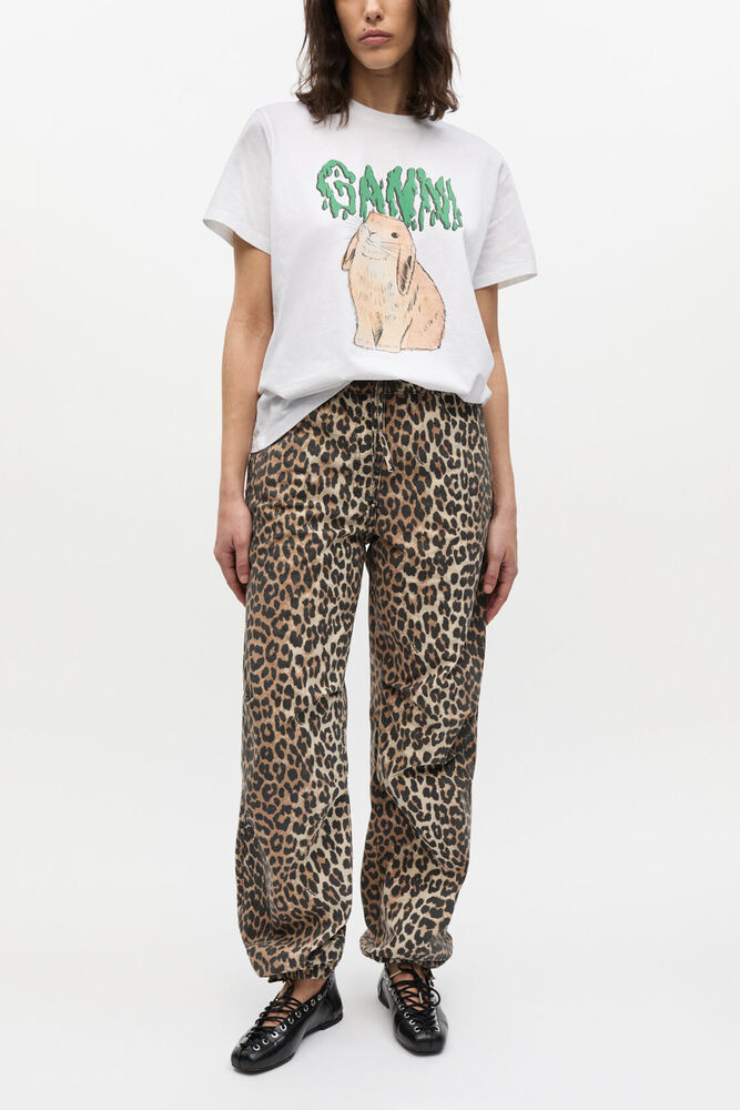 Leopard Washed Cotton Canvas Drawstring Trousers, Almond Milk
