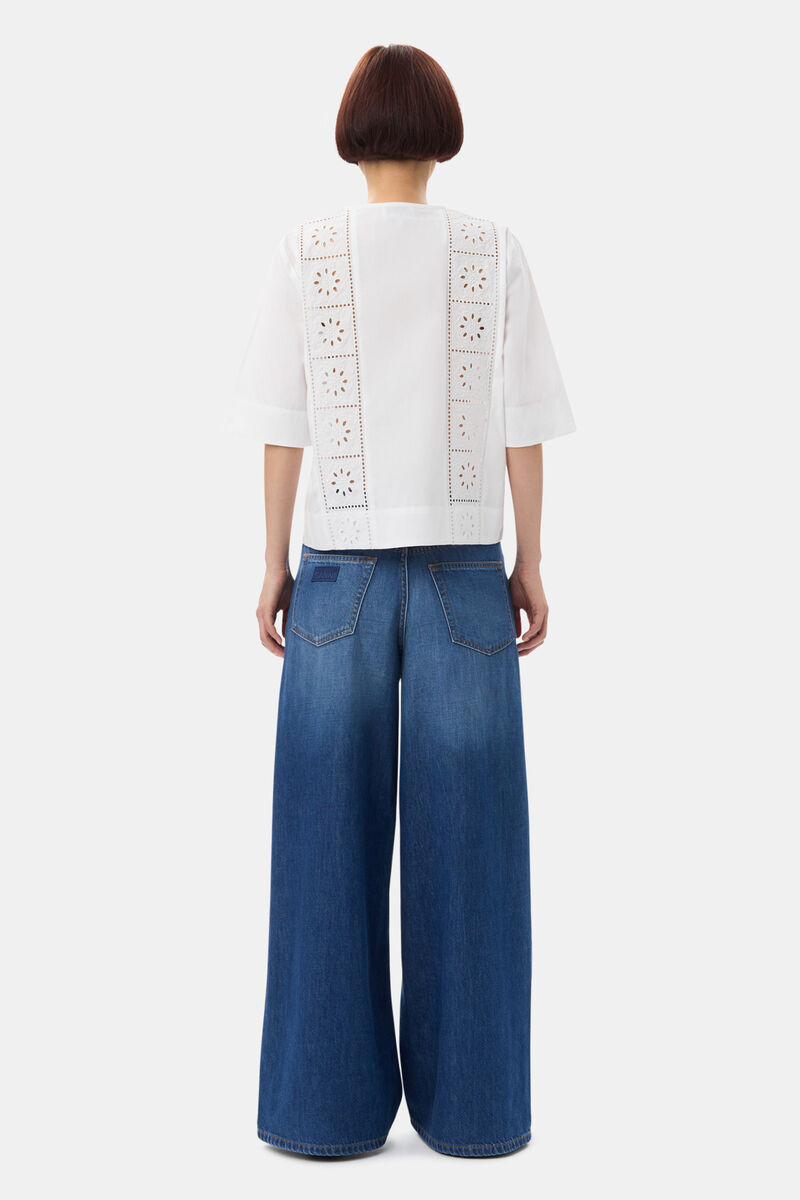 White Broderie Anglaise Tie Blouse, Cotton, in colour Bright White - 4 - GANNI