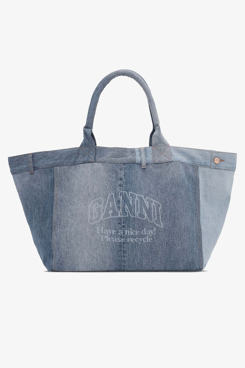 Denim Patchwork Tote, Cotton, in colour Denim - 1 - GANNI
