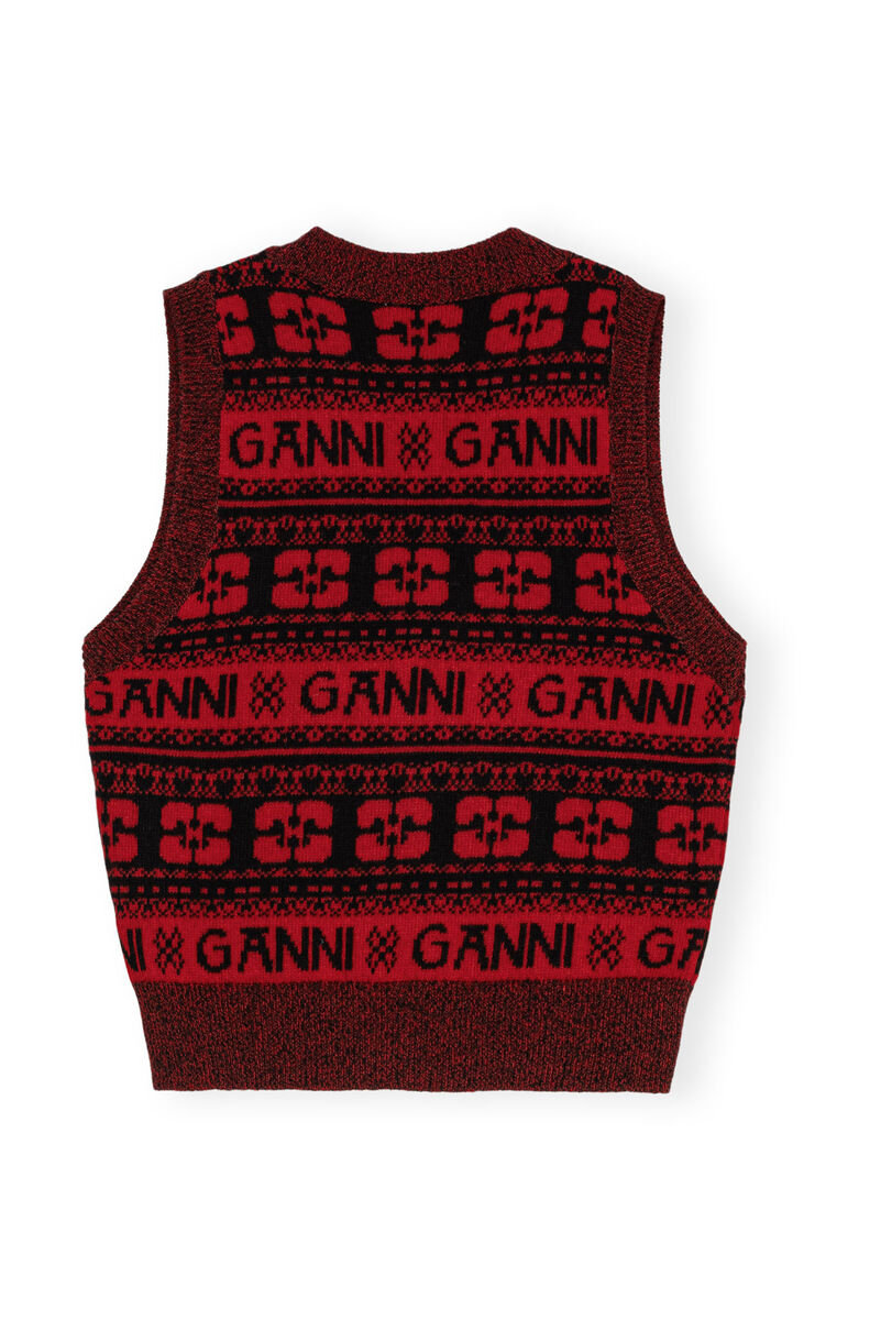 Gilet Red Sequins Logo Wool Mix, Recycled Polyamide, in colour High Risk Red - 2 - GANNI