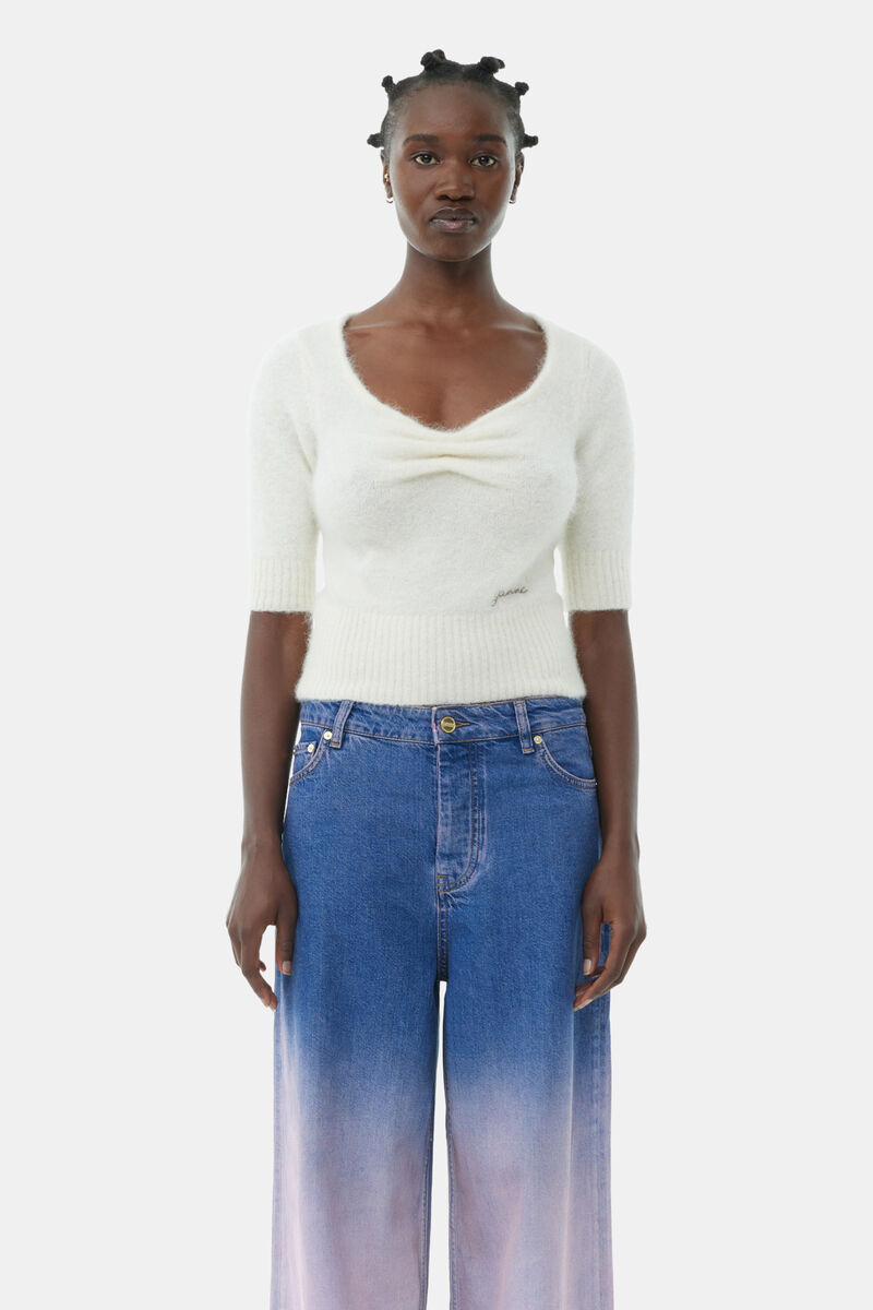 White Brushed Alpaca Top, Alpaca, in colour Egret - 1 - GANNI