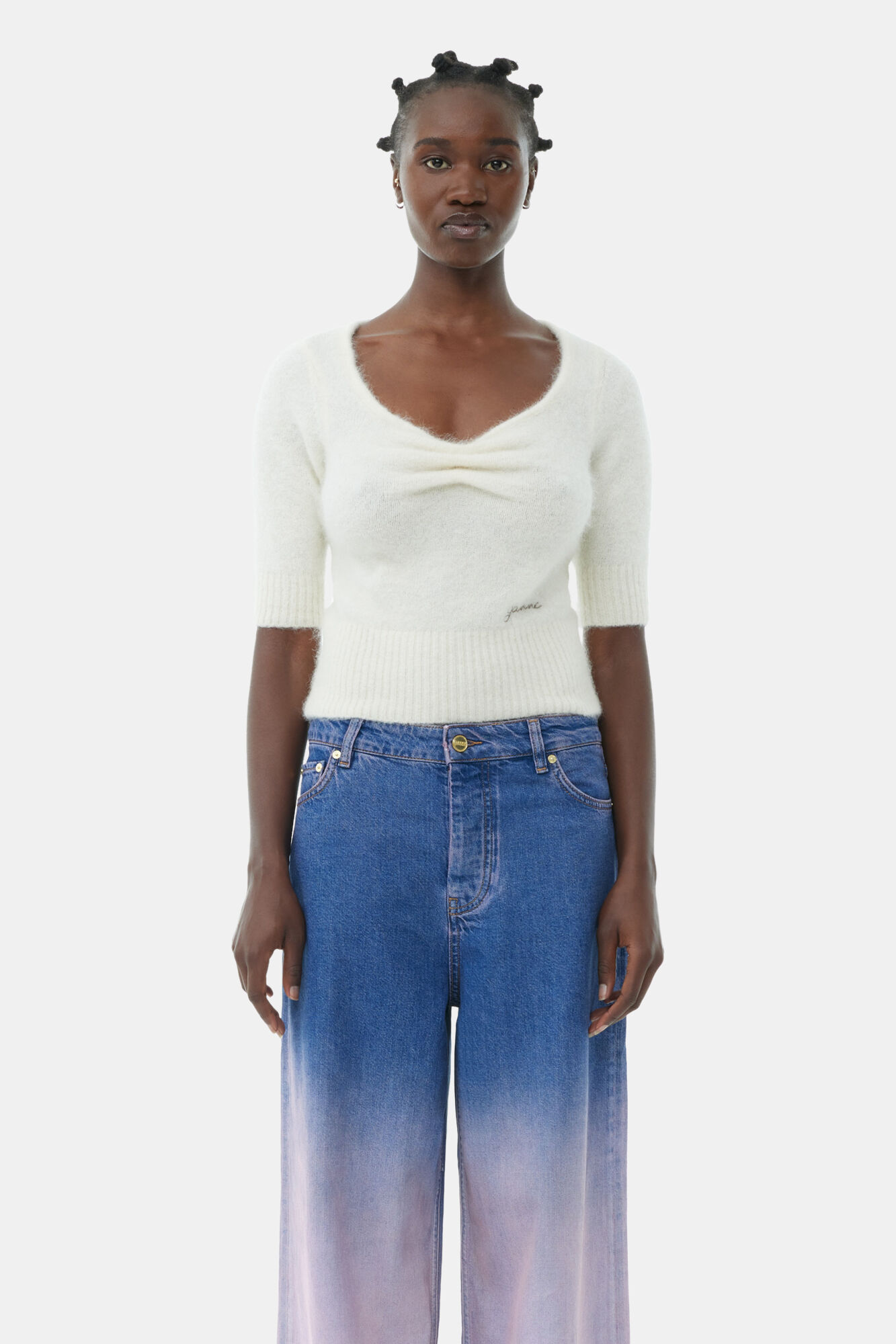 White Brushed Alpaca Top, Alpaca, in colour Egret - 1 - GANNI