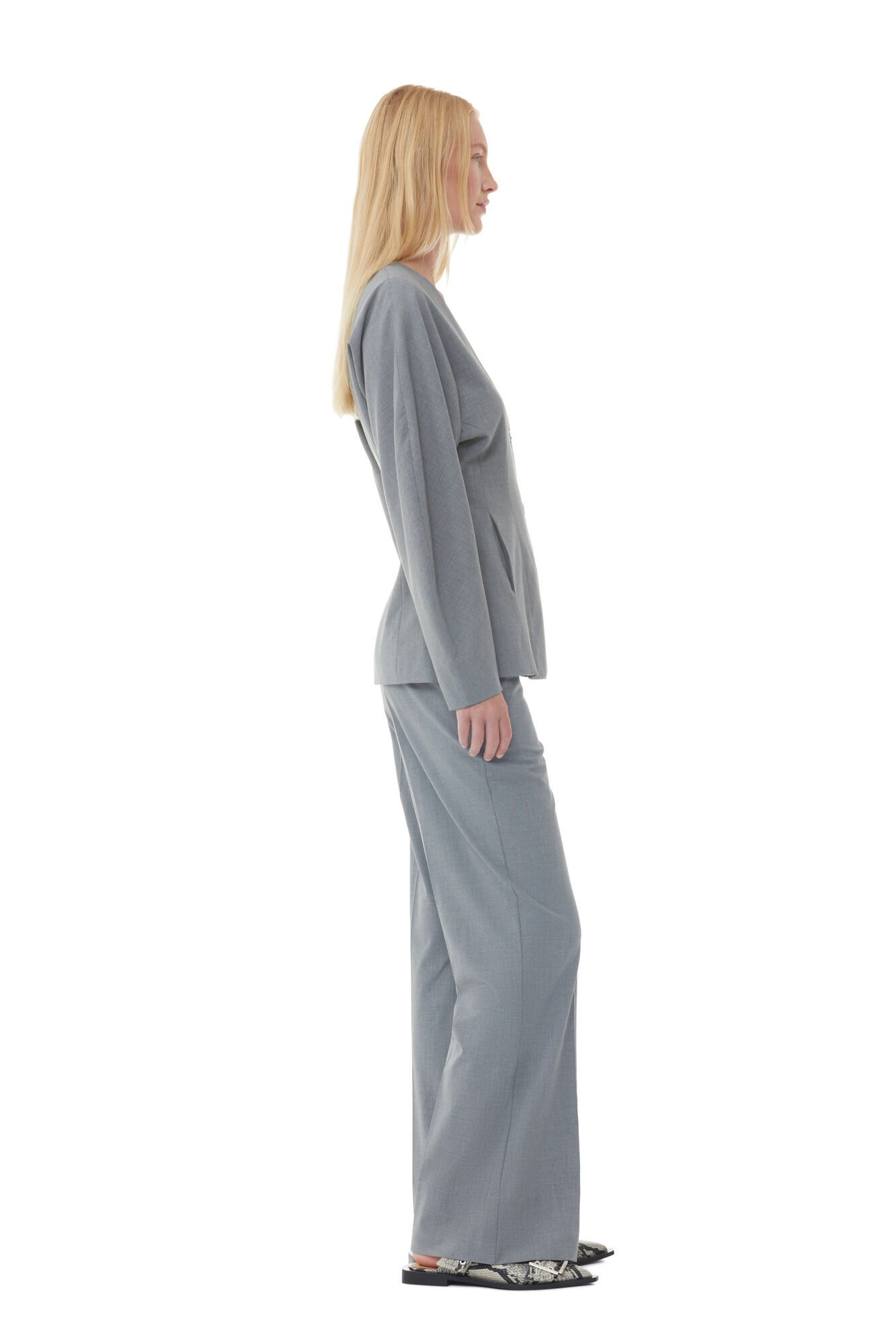 Grey Drapey Melange Fitted Blazer, Elastane, in colour Paloma Melange - 3 - GANNI