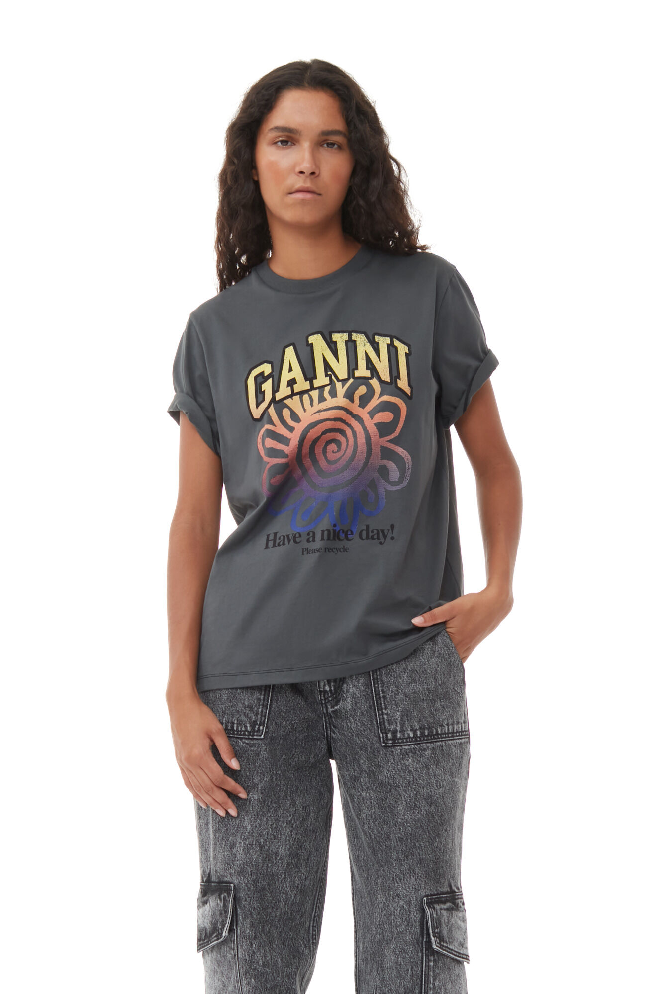 Ganni Grey Relaxed Flower T-shirt