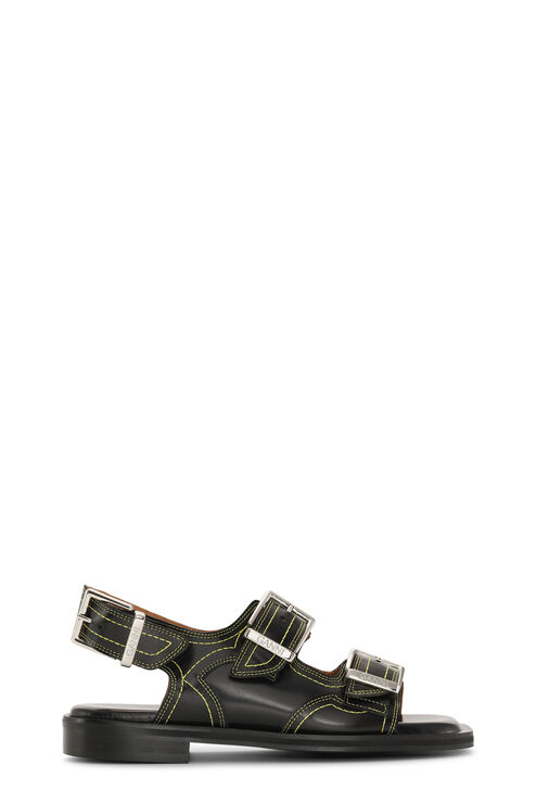 Ganni Embroidered Leather Sandals In Black/yellow