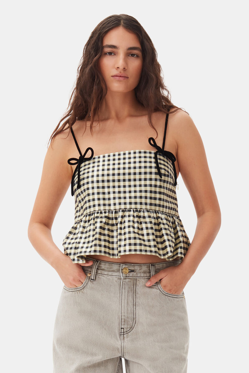 Shiny Check Jacquard Top, Organic Cotton, in colour Lemon Icing - 1 - GANNI
