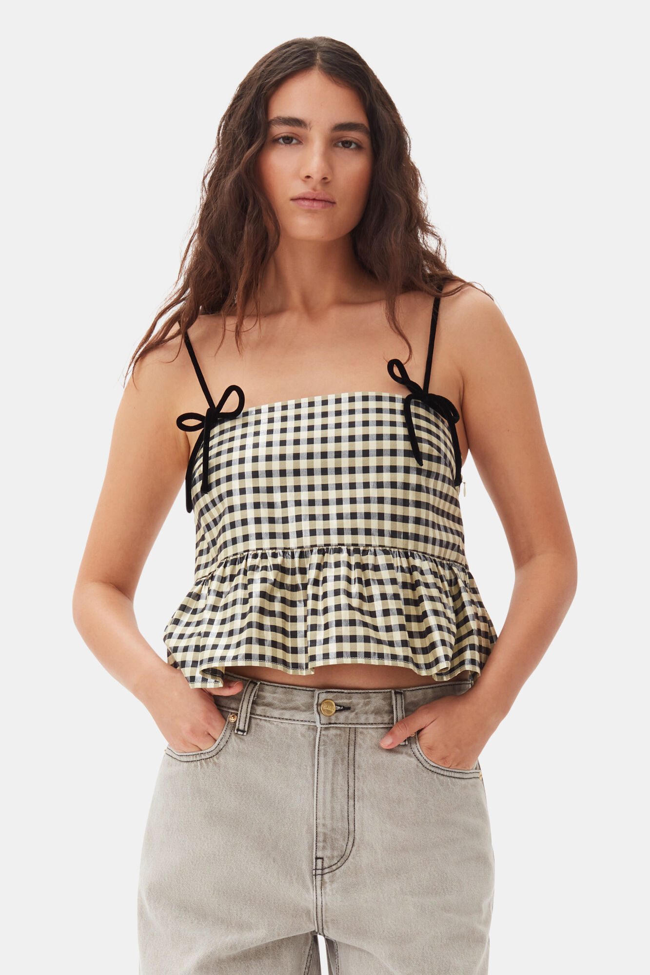 Shiny Check Jacquard Top, Organic Cotton, in colour Lemon Icing - 1 - GANNI
