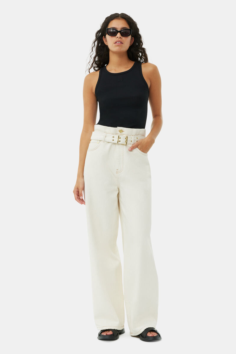 White Heavy Denim Paperbag Jeans, Cotton, in colour Egret - 1 - GANNI
