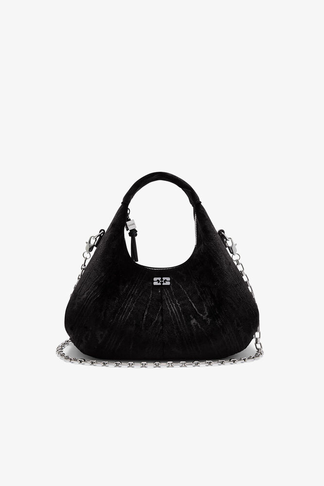 Velvet Moire Mini Hobo Bag, Black