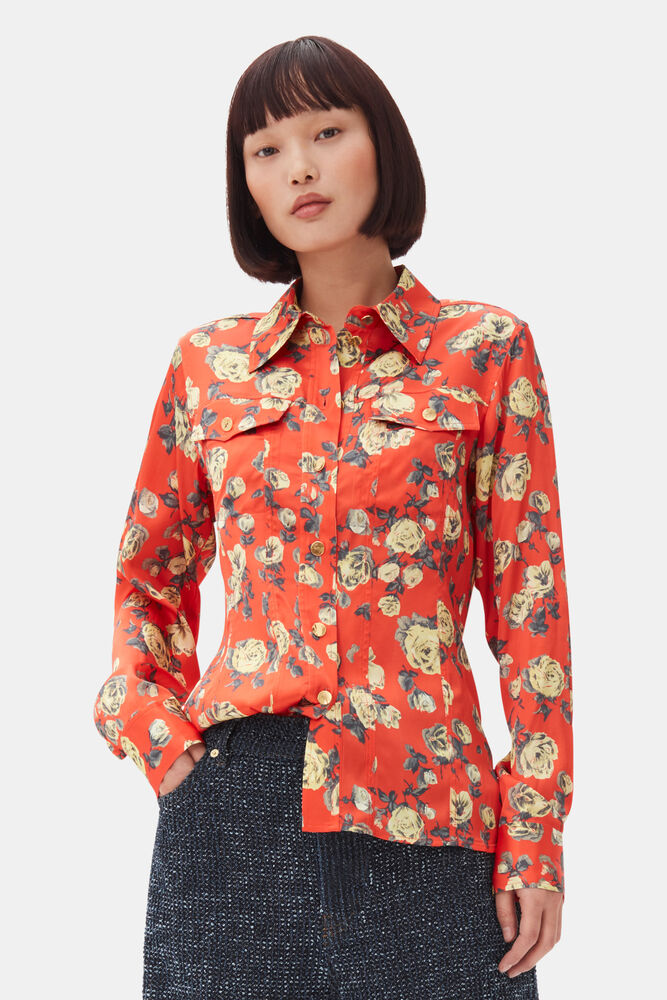 Orange Floral Printed Satin Shirt, Poinciana