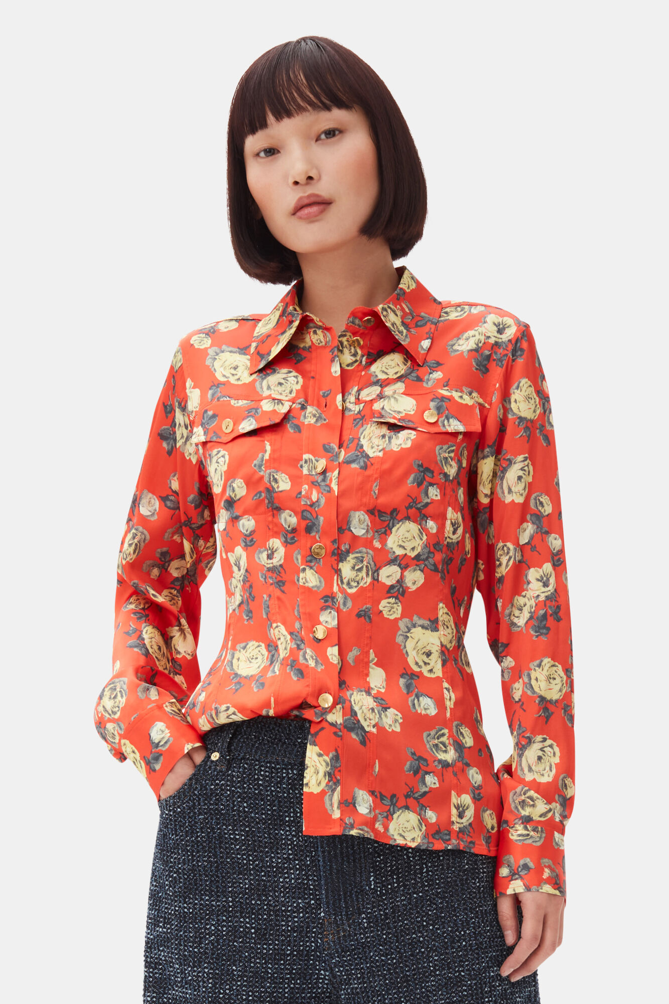 Orange Floral Printed Satin Shirt, Spandex, in colour Poinciana - 1 - GANNI