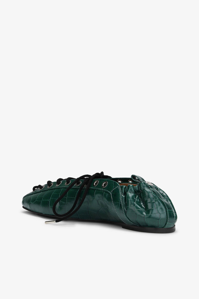 Lace-Up Ballerinas in Green Croco, Recycled Leather, in colour Pineneedle - 3 - GANNI