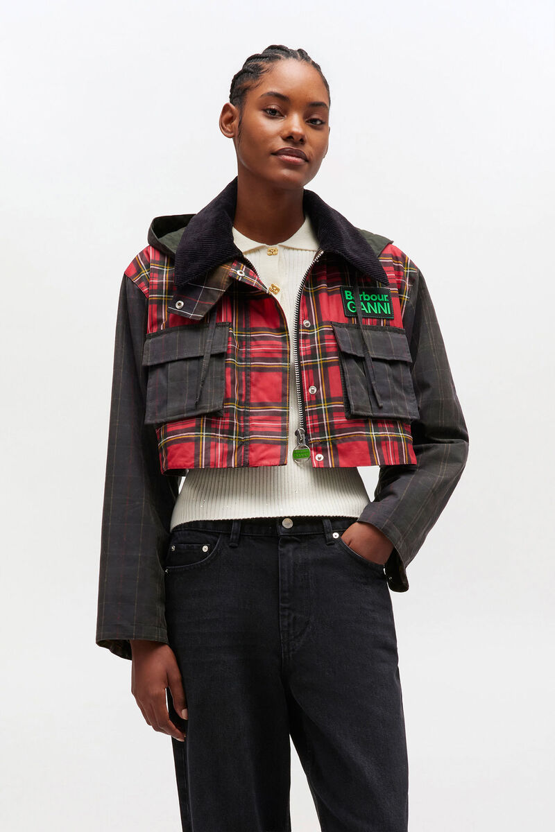 Peplum Wax Jacket in Tartan, Cotton, in colour Dark Green - 4 - GANNI