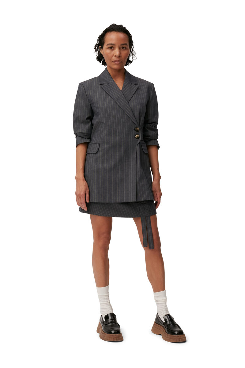 Stripe Belt blazer, Elastane, in colour Sky Captain - 1 - GANNI