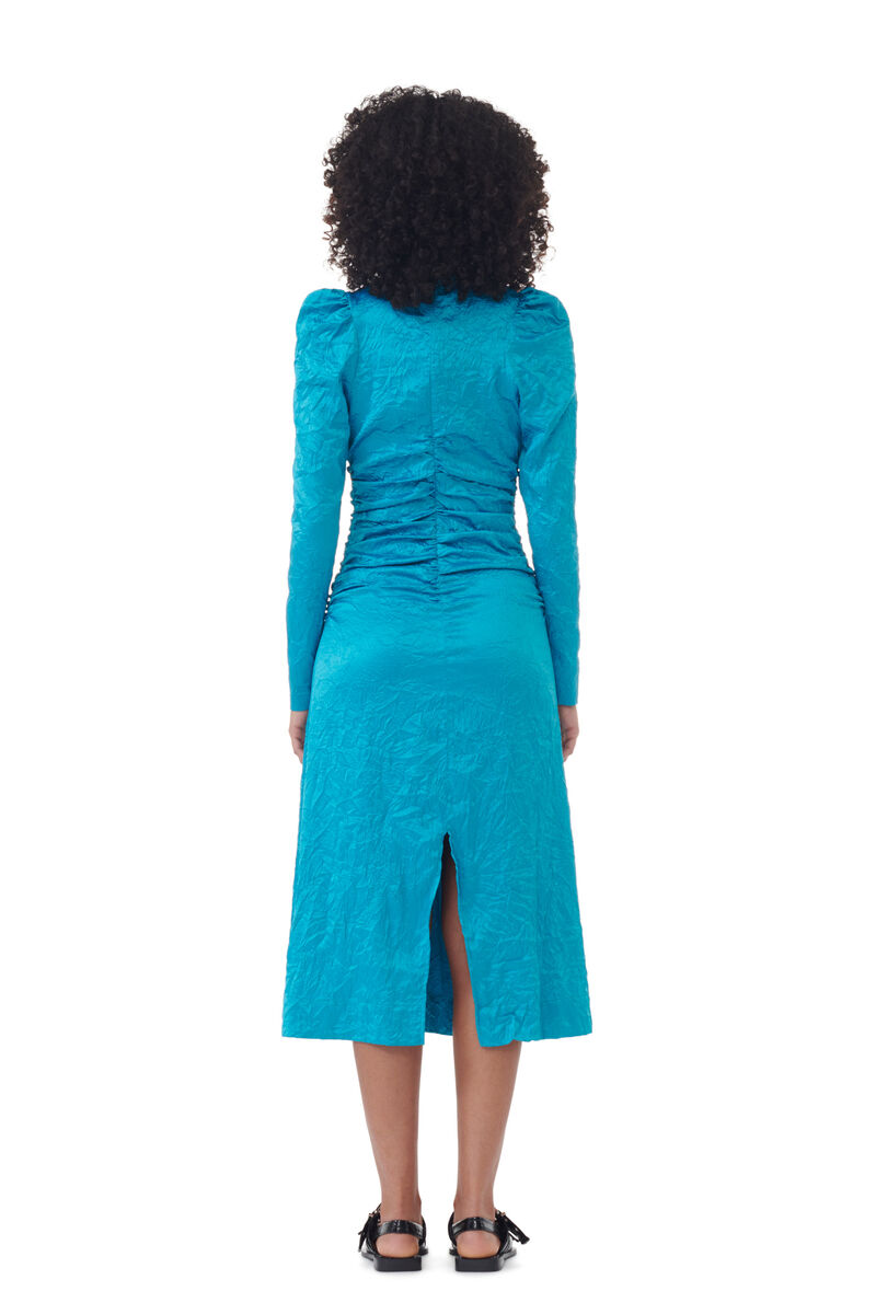 Blue Crinkled Satin O-Neck Midi Dress, Elastane, in colour Algiers Blue - 3 - GANNI