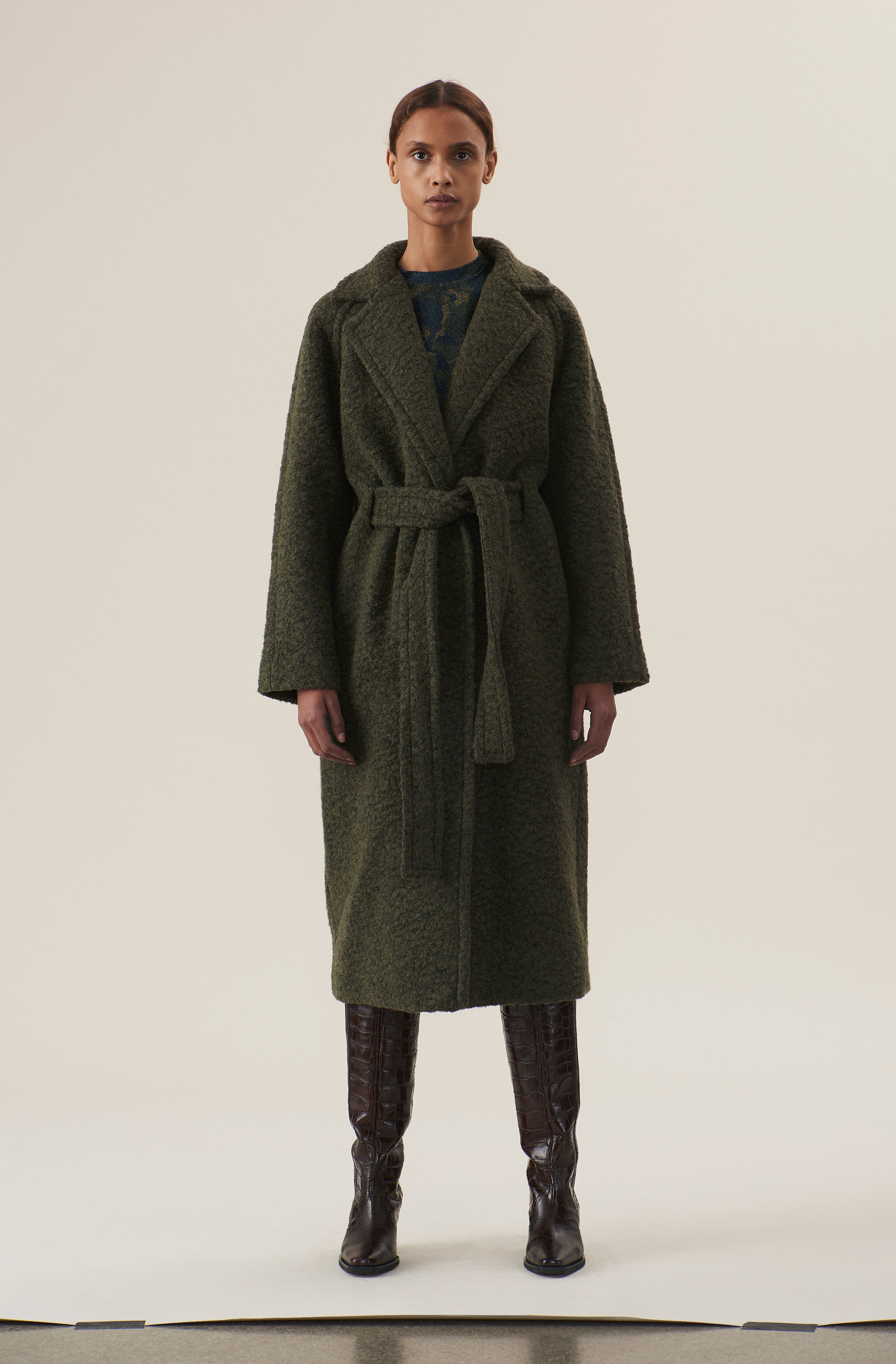 ganni boucle wool long wrap coat