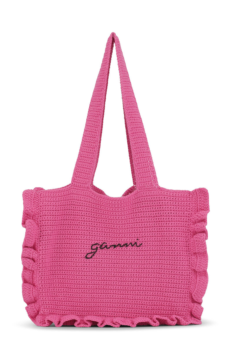 Crochet Frill Tote Solid Bag, Cotton, in colour Shocking Pink - 1 - GANNI