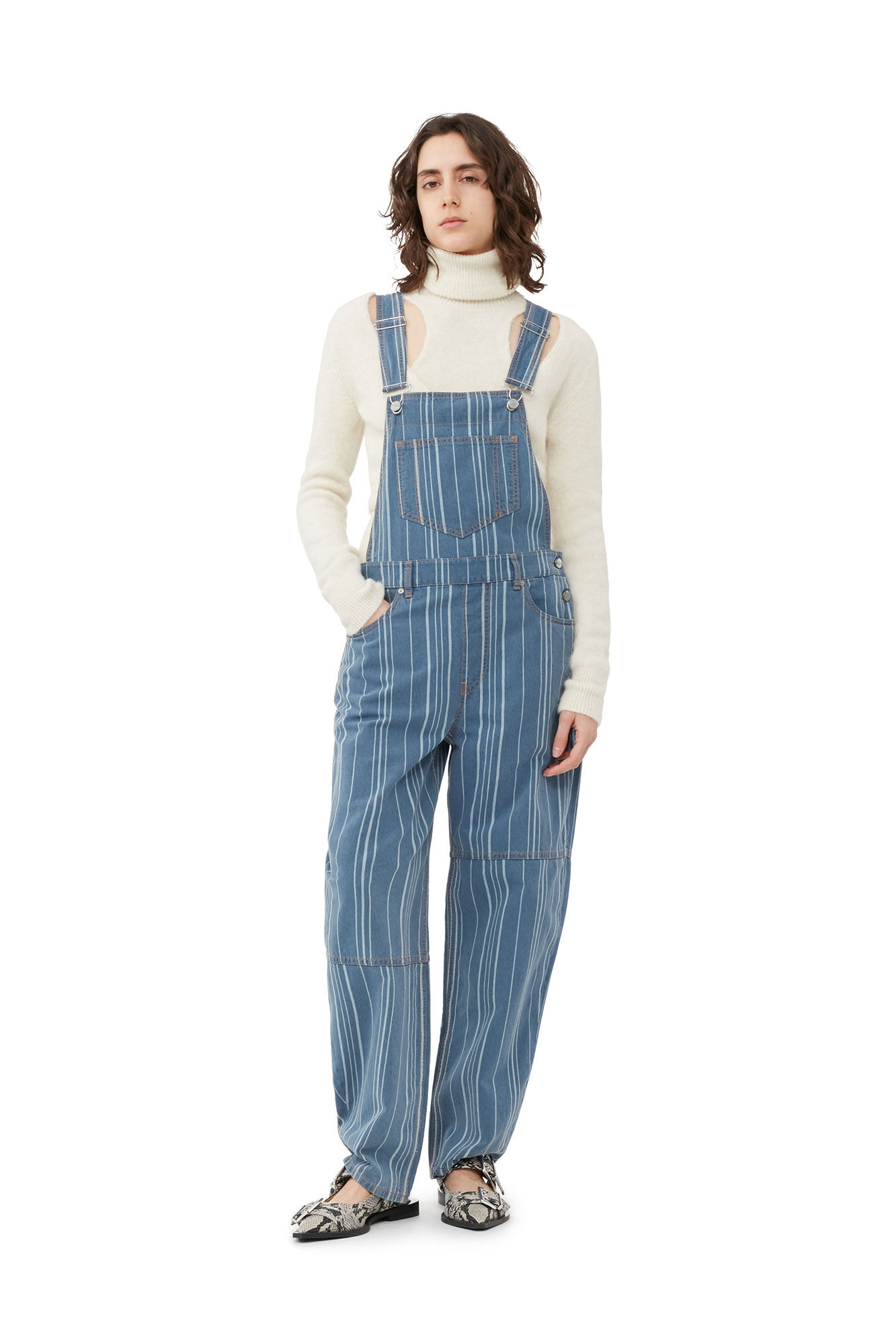 Mid Blue Stone Light Stripe Denim Overalls | GANNI CH