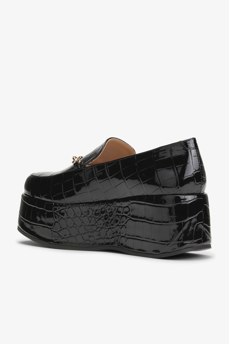Black Patent Croco Butterfly Chain Platform Loafers, Polyester, in colour Black - 3 - GANNI