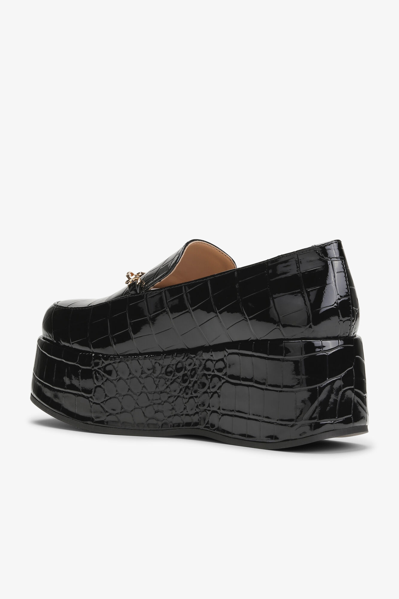 Black Patent Croco Butterfly Chain Platform Loafers, Polyester, in colour Black - 3 - GANNI