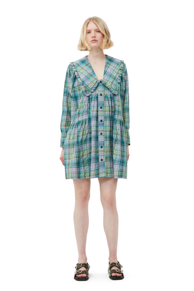 Seersucker Check Wide Shirt Dress, Organic Cotton, in colour Lagoon - 1 - GANNI