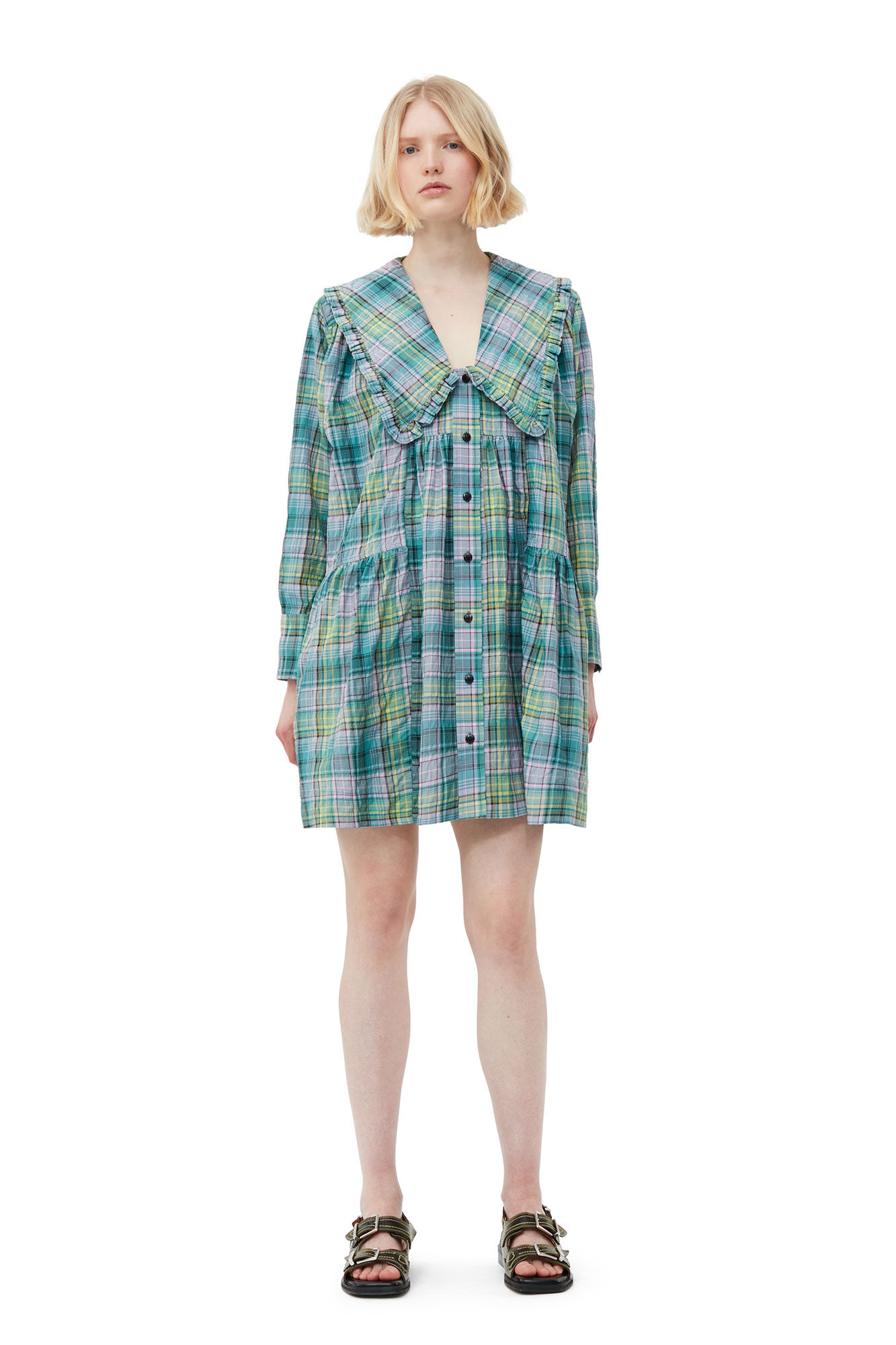 Kariertes, weites Seersucker-Hemdkleid, Organic Cotton, in colour Lagoon - 1 - GANNI