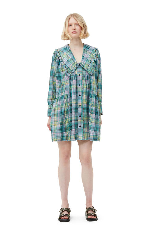 Ganni Long Sleeve Seersucker Check Wide Shirt Mini Dress In Lagoon