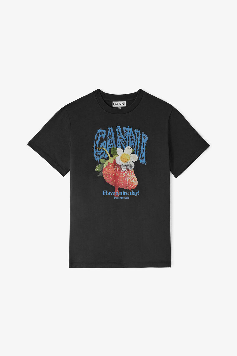 T-shirt with Strawberry, Organic Cotton, in colour Phantom - 1 - GANNI