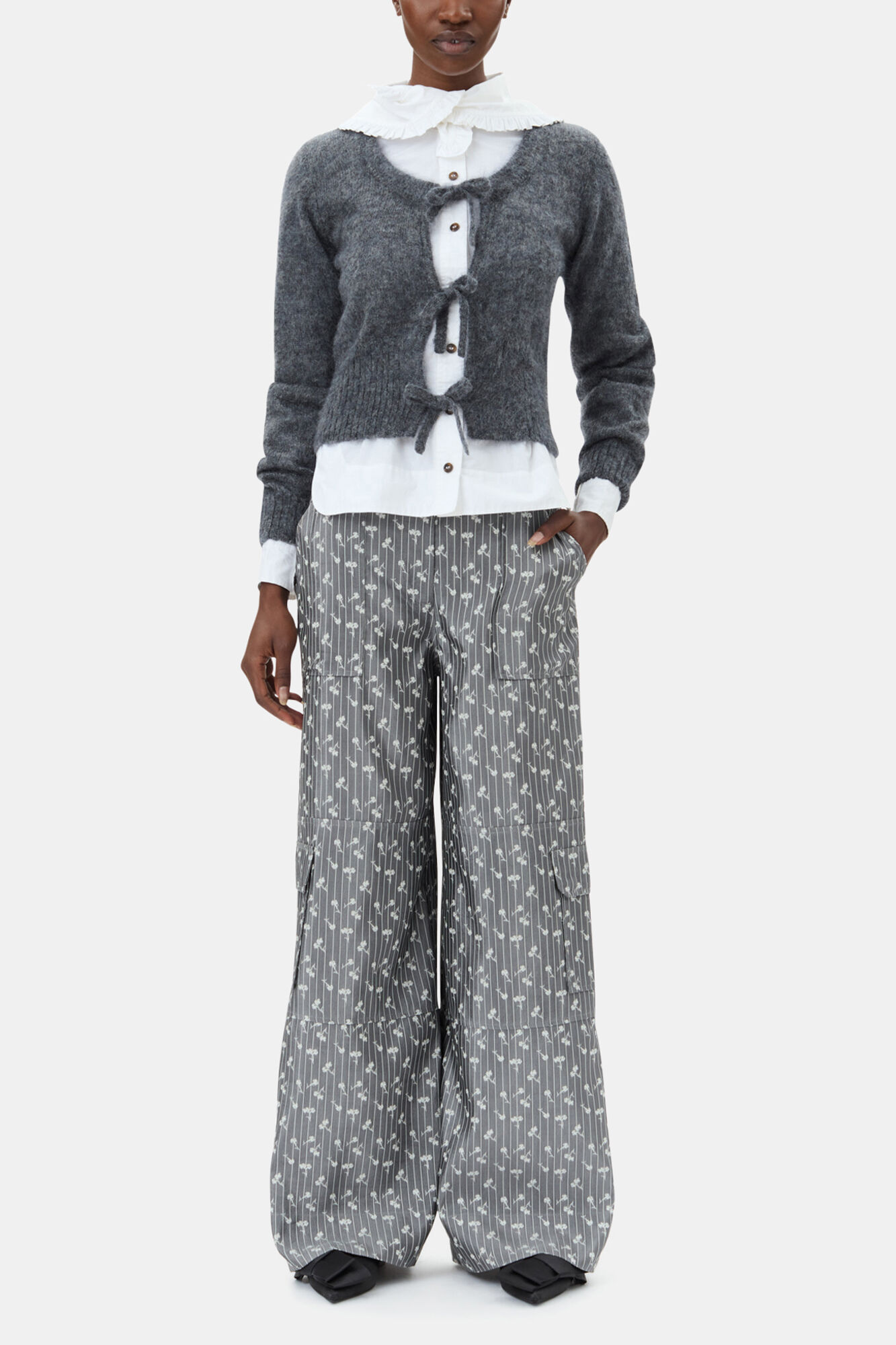 Grey Light Mohair Tie String Cardigan, Mohair, in colour Paloma Melange - 2 - GANNI