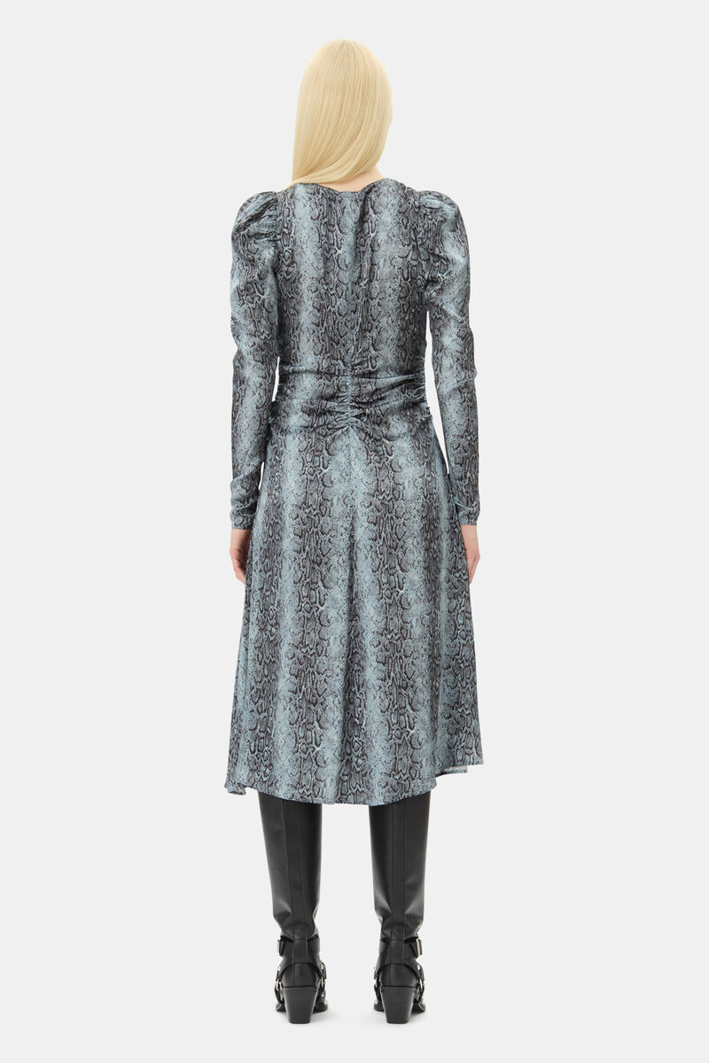Blue Snake Print Ruched Midi Dress, Spandex, in colour Celestial Blue - 4 - GANNI
