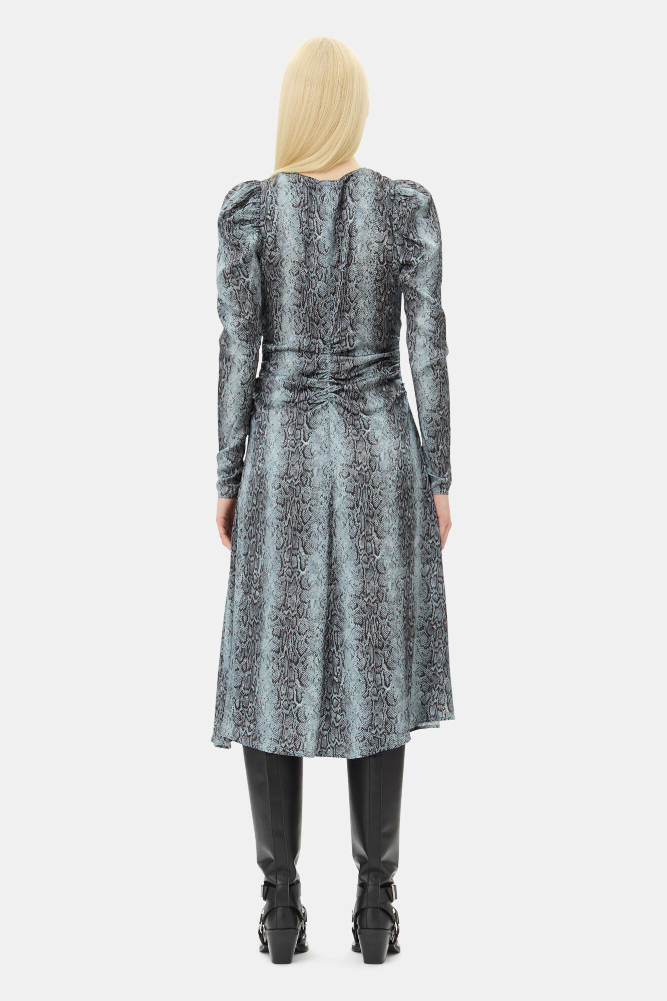 Blue Snake Print Ruched Midi Dress, Spandex, in colour Celestial Blue - 4 - GANNI