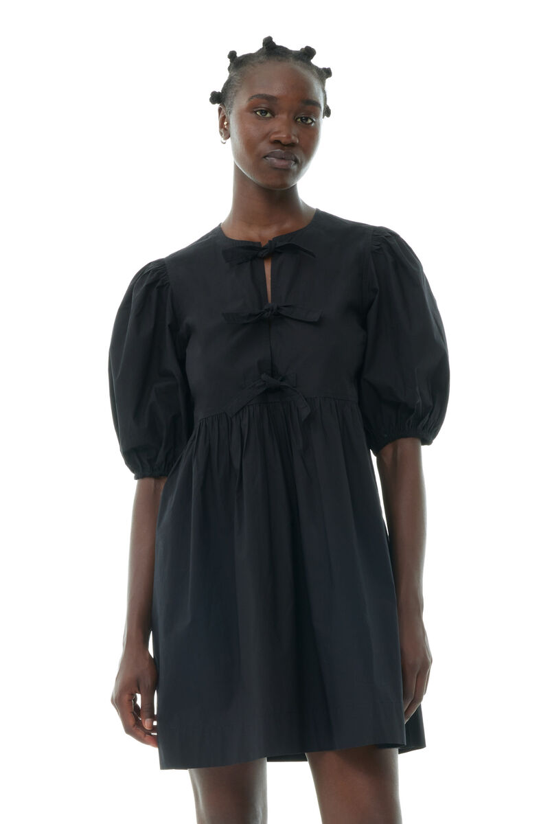 Black Cotton Poplin Tie String Mini Kleid, Cotton, in colour Black - 2 - GANNI