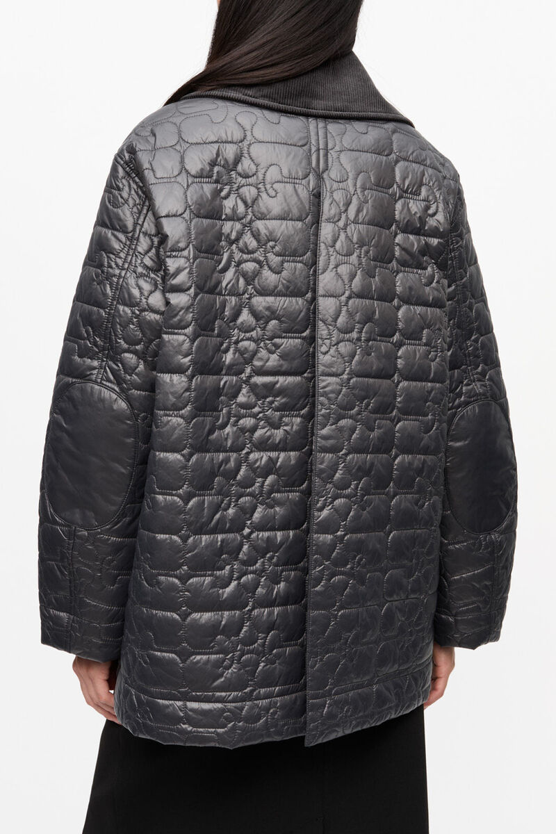 Black Shiny Quilt Midi Jacket, Recycled Nylon, in colour Phantom - 3 - GANNI