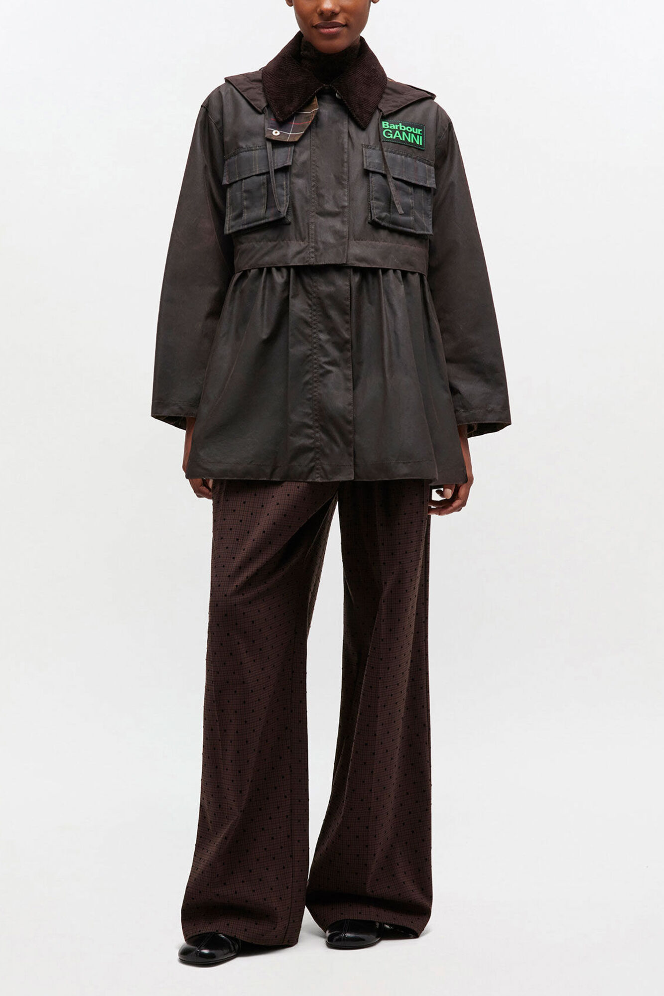 Peplum Wax Jacket in Green, Cotton, in colour Ganache - 1 - GANNI