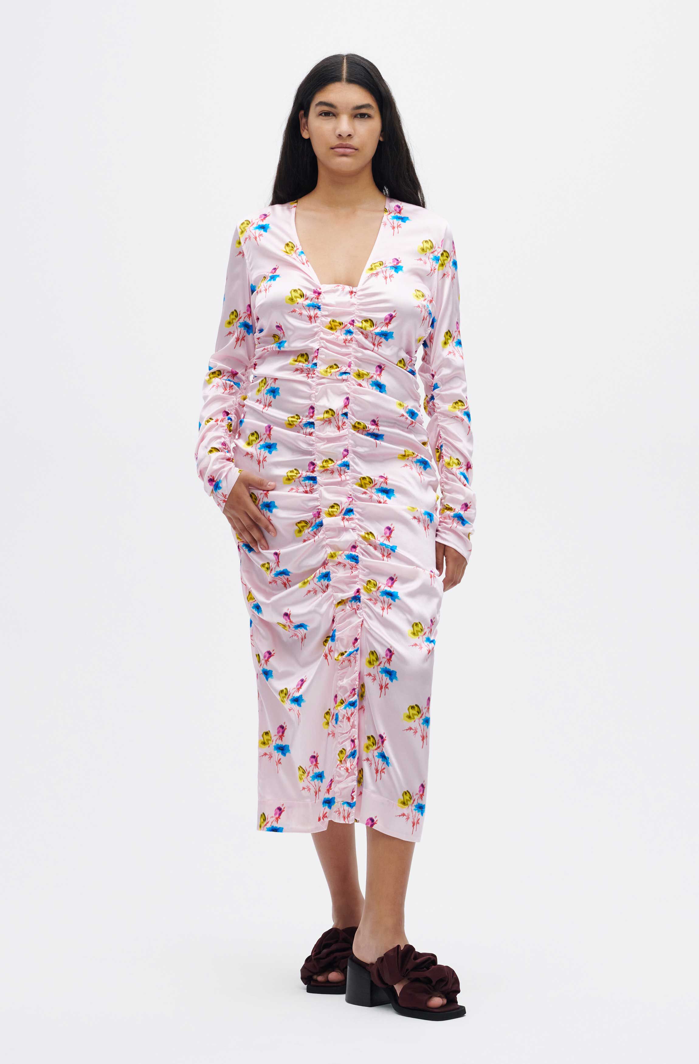 Floral Light Lilac Ruched Maxi Dress 
