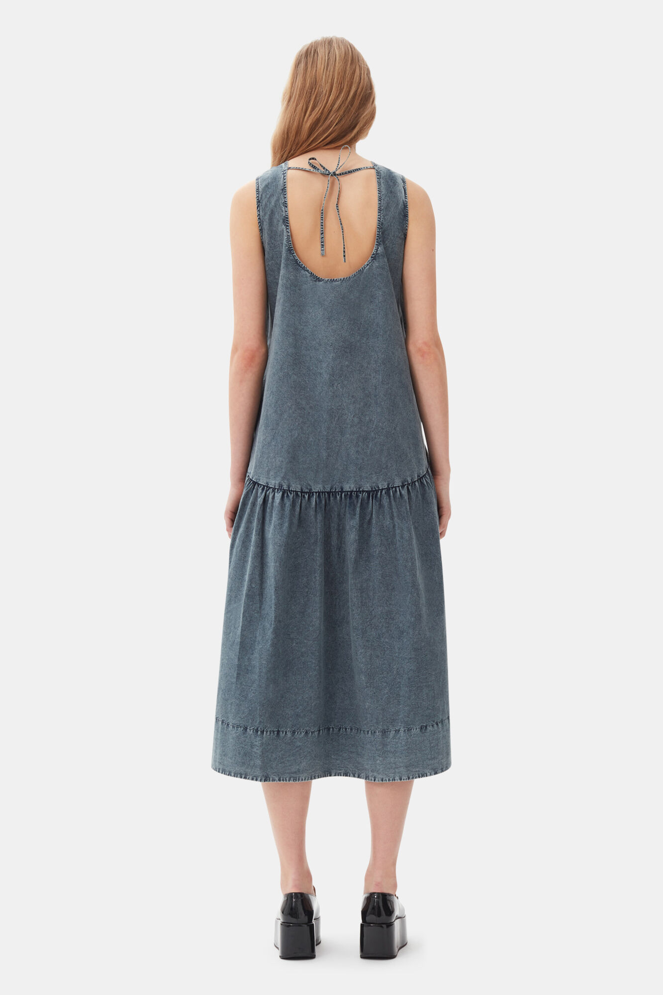 Blue Cotton Poplin Open Back Midi Dress, Cotton, in colour Sky Captain - 4 - GANNI