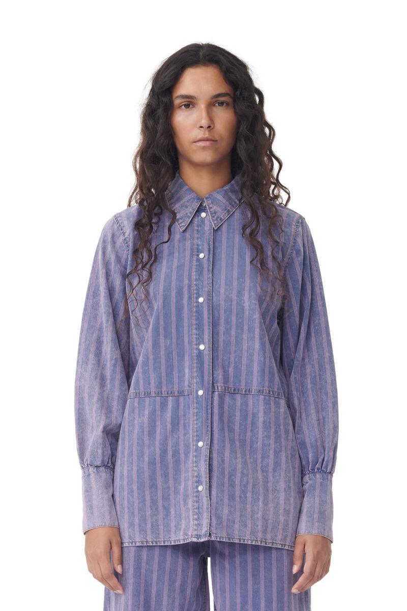 Purple Striped Denim Hemd, Cotton, in colour Mid Blue Stone - 1 - GANNI