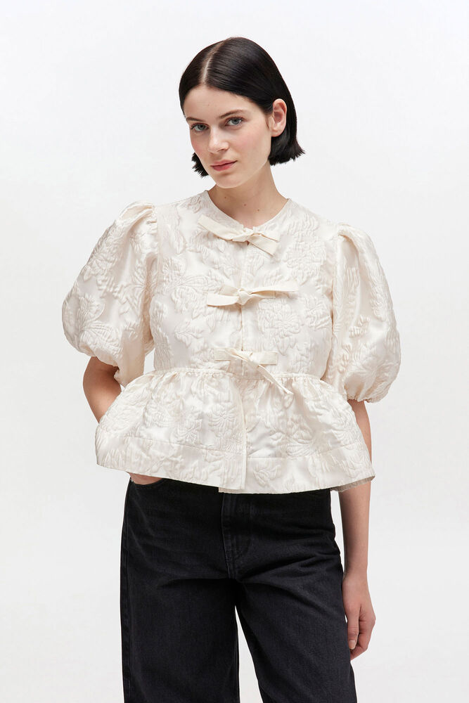 Satin Peplum Tie Blouse, Egret