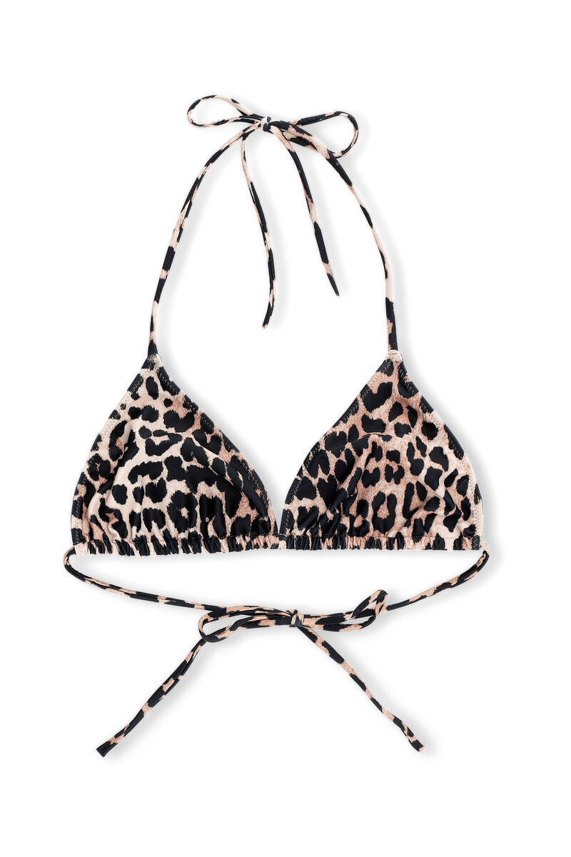 Recycled Printed Swimwear String Bikini Top, Elastane, in colour Leopard - 1 - GANNI