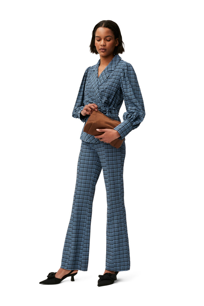 Seersucker Wrap Shirt, Elastane, in colour Mini Check Granada Sky - 1 - GANNI